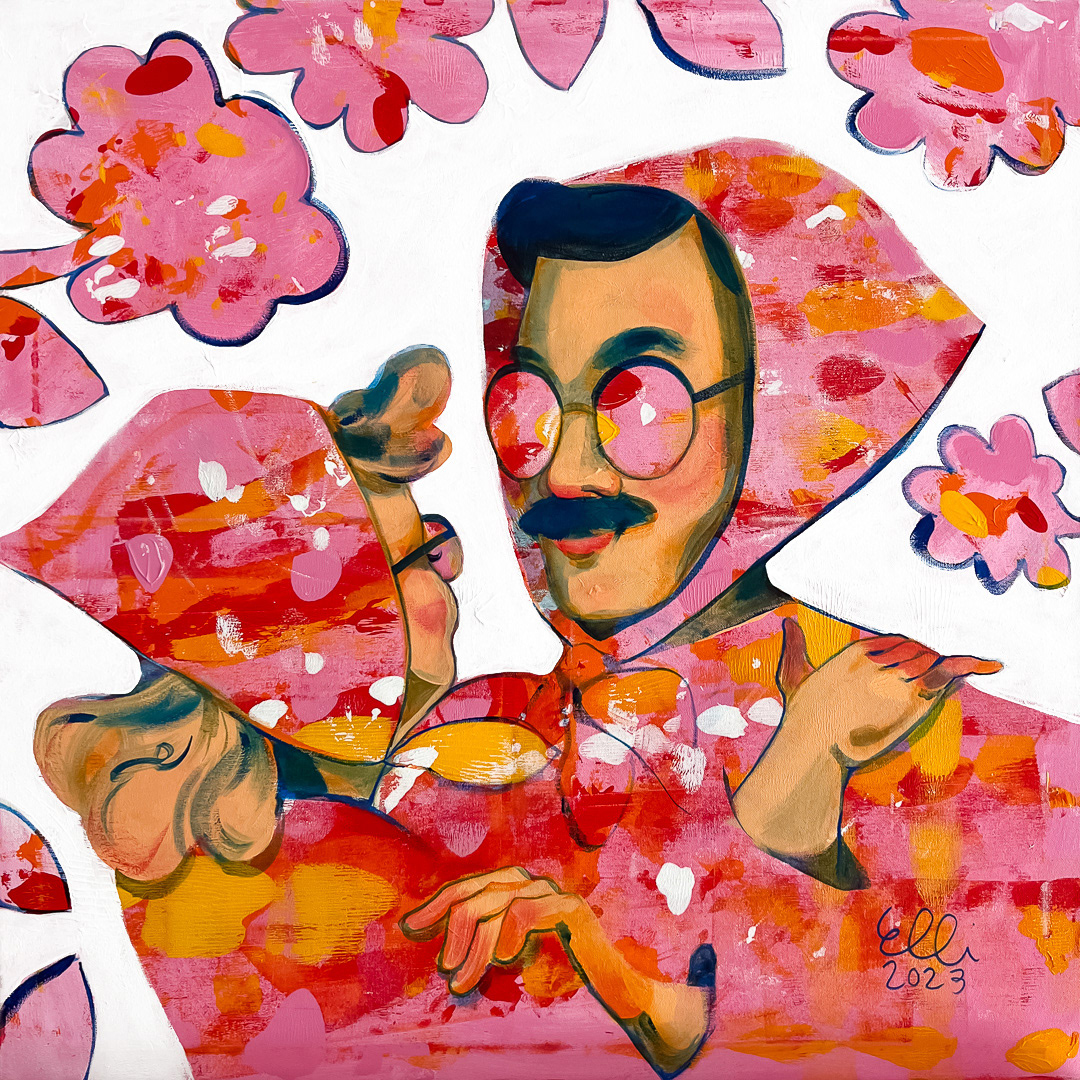 'Summer Waltz' is a figurative painting by contemporary artist Elli Maanpää. The painting depicts a man and a woman dancing amidst flowers in warm hues.
