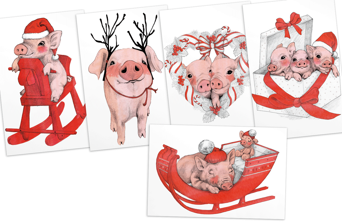 Hand-drawn piglets with pink watercolor accents in a Christmas-themed illustration by Elli Maanpää.