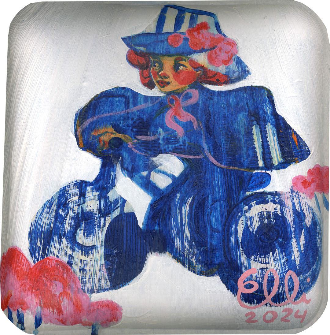Painting titled 'Muñeca: Bicicleta' by Elli Maanpää, showing a doll-like figure with a bicycle on a bamboo plate.