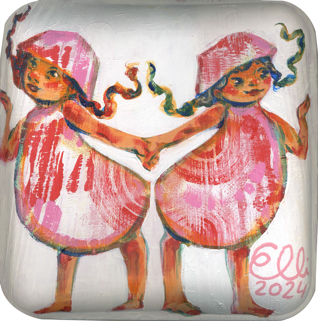Painting titled 'Muñeca: This Way' by Elli Maanpää, depicting a doll-like figure gesturing direction on a bamboo plate.
