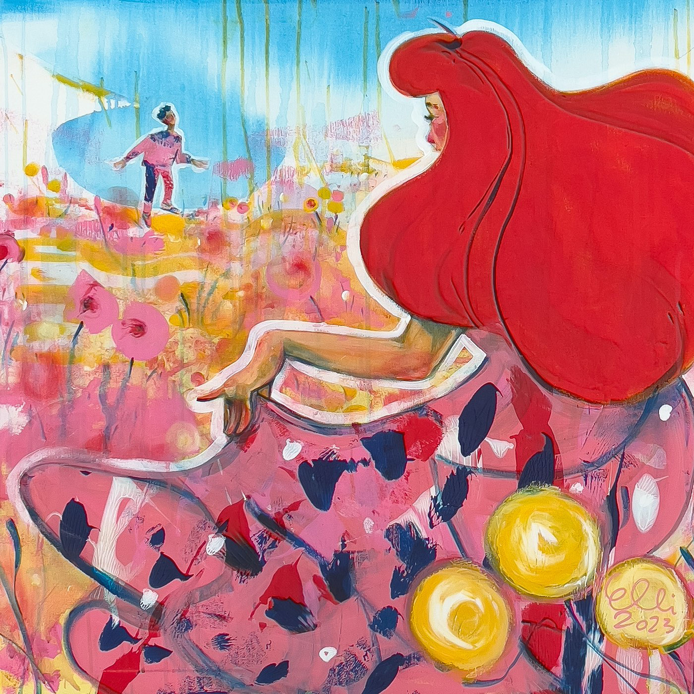 Acrylic painting titled 'Meet Me at the Summer Meadow' by contemporary artist Elli Maanpää. Depicts a red-haired woman running across a flower-filled meadow towards a young man. The sky is pale blue, and vibrant blooms surround the figures. The painting evokes the anticipation of love on a summer morning.