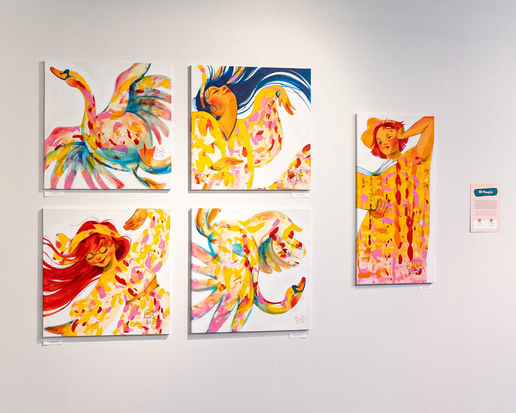 This was a curated art exhibition in the heart of Helsinki, celebrating collaboration and contemporary art in a dynamic urban space. Elli Maanpää participated with five vibrant paintings, offering viewers a vivid visit to the swan ballet.
