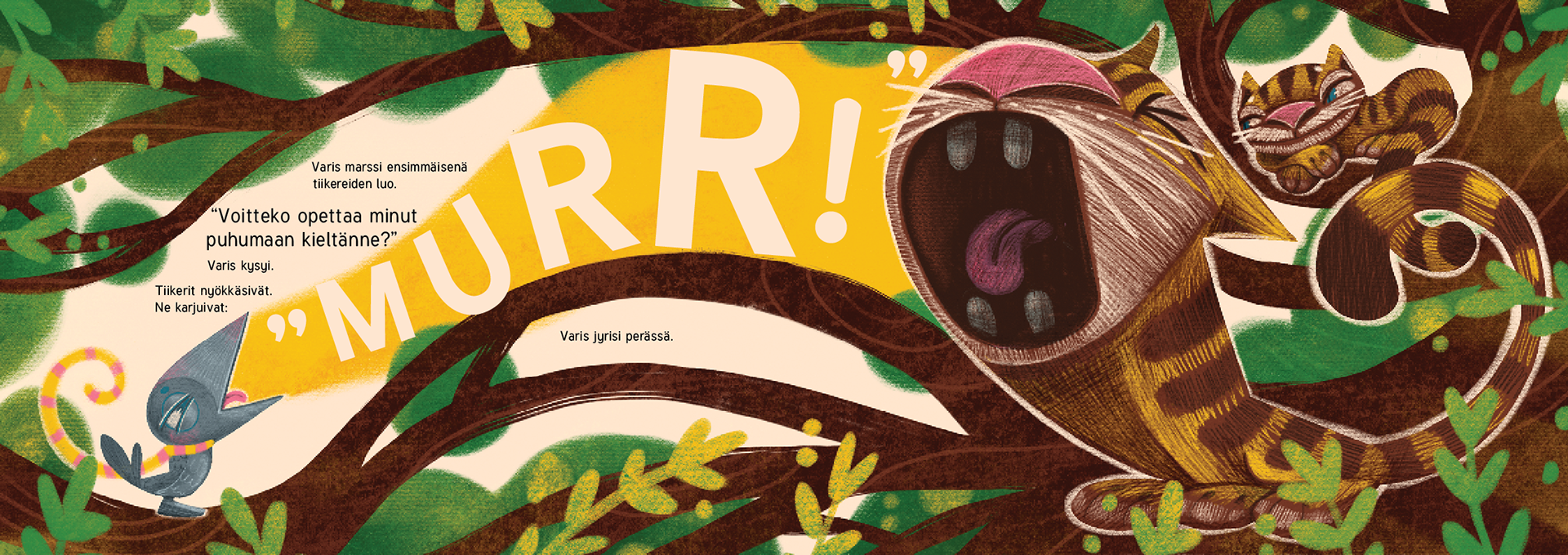 Elli Maanpää's delightful illustration captures the moment when the crow learns to growl like a tiger, with the assistance of actual tigers, in her vibrant and colorful children's book illustration.