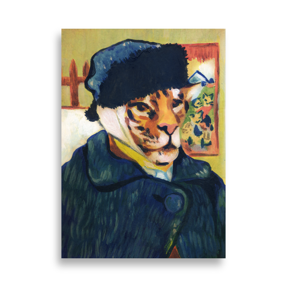Art poster depicting a tiger in the style of Van Gogh's 'Self-Portrait with Bandaged Ear,' combining classic art with tiger elements.
