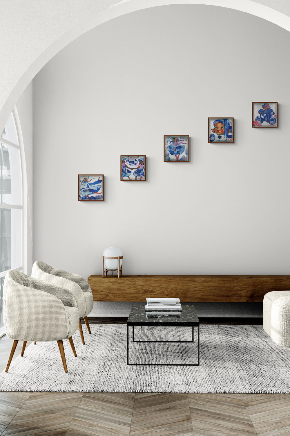 Five blue-toned paintings from Elli Maanpää's 'Muñeca' series displayed on a stylish living room wall. The paintings feature doll-like figures with a harmonious blend of blue and red accents, creating a serene atmosphere.