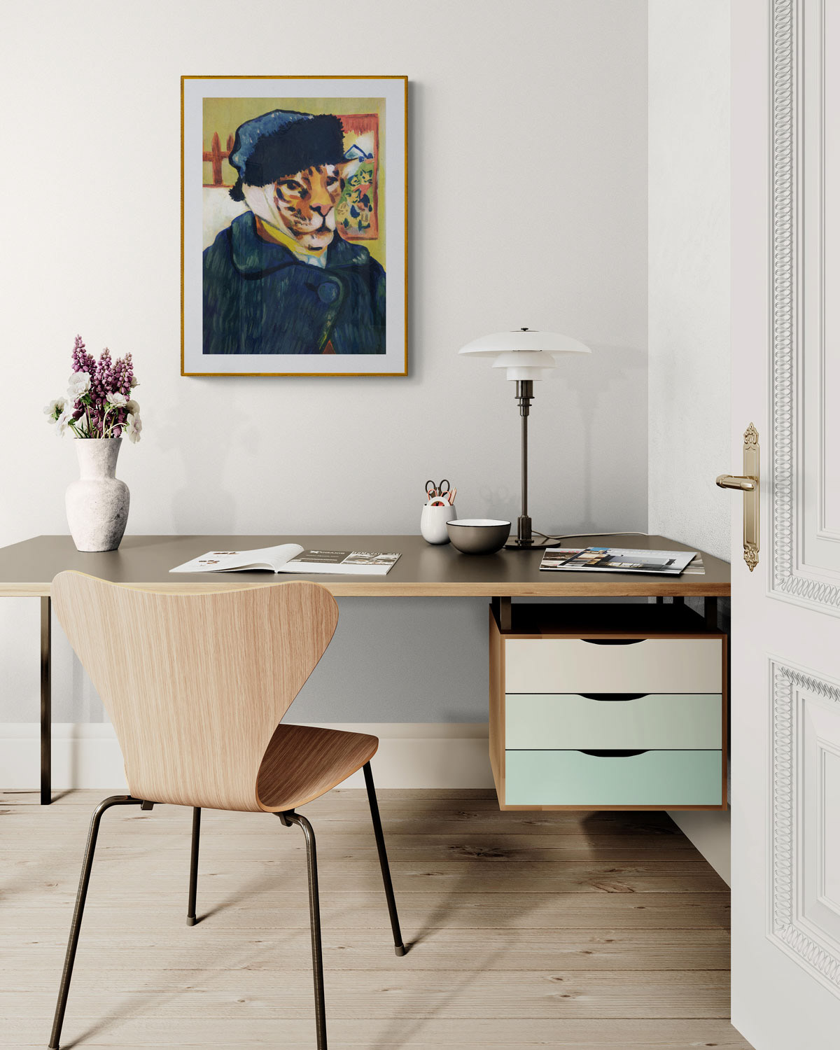 Framed The Tiger Van Gogh art poster adorning a modern study, highlighting the combination of classic Post-Impressionist art with tiger elements.