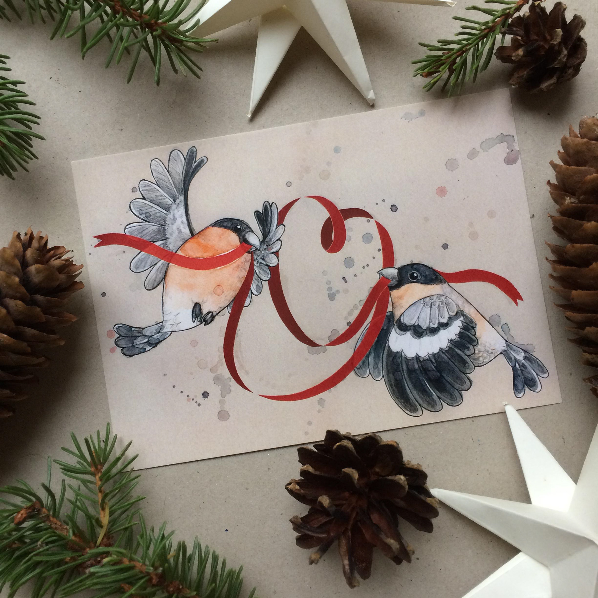 Hand-drawn bird and figure illustrations for seasonal greeting cards sold in Finland.