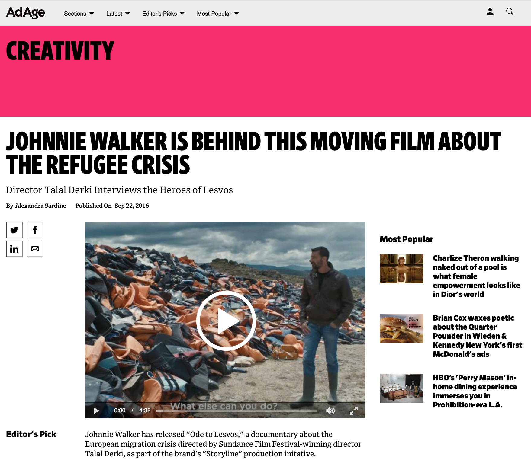 Ad Age article screenshot: “Johnnie Walker is behind this moving film about the refugee crisis,” featuring director Talal Derki.