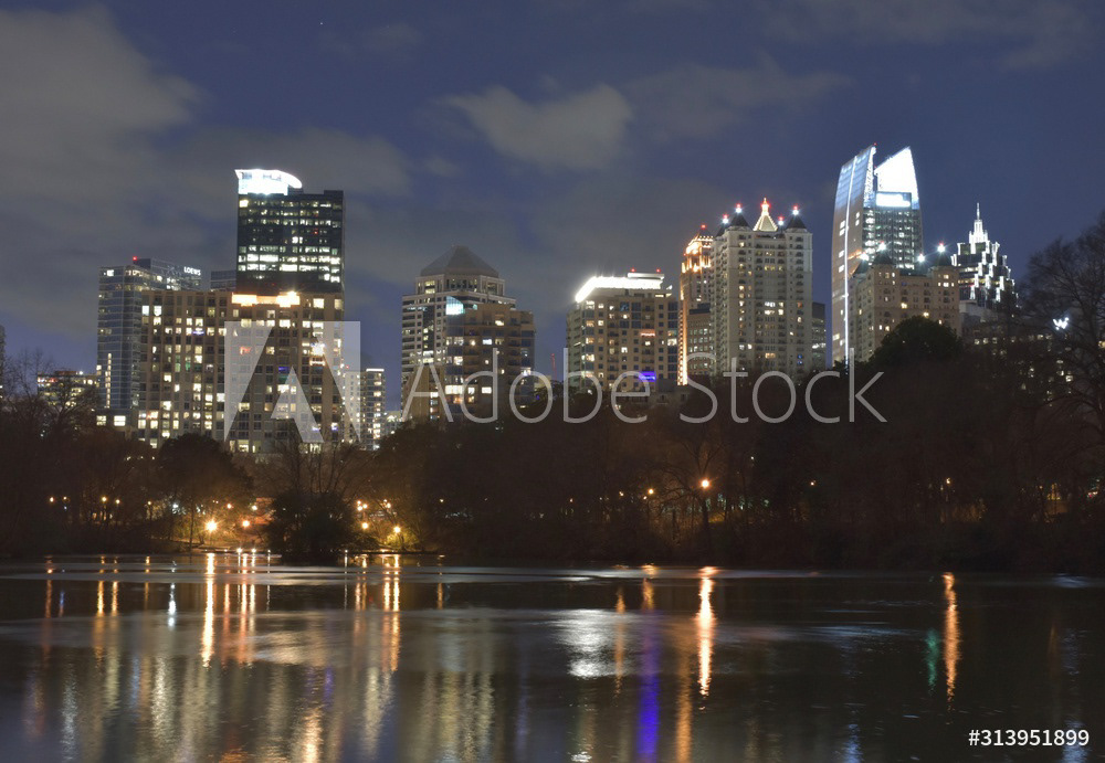 Midtown Atlanta Skyline & Lake Reflection At Sunset