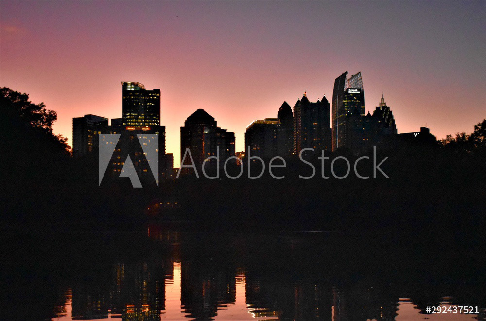Midtown Atlanta Skyline & Lake Reflection At Sunset