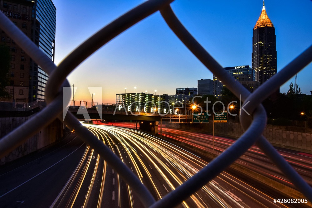 Traffic moving through Atlanta during Sunset