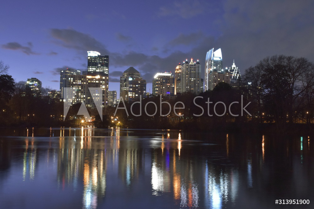 Midtown Atlanta Skyline & Lake Reflection At Sunset