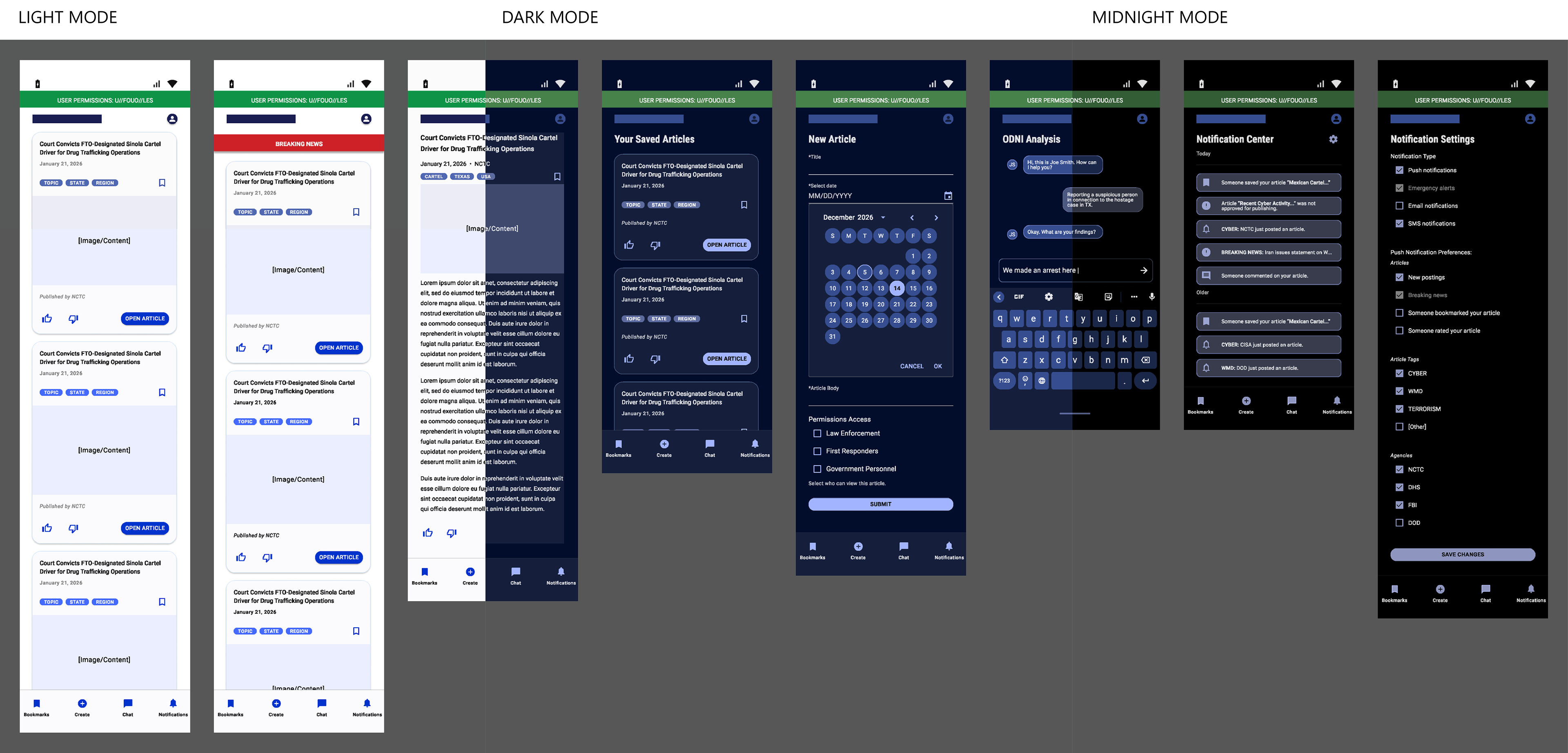 The DNI Now App UI mockups in Light, Dark, and Midnight modes