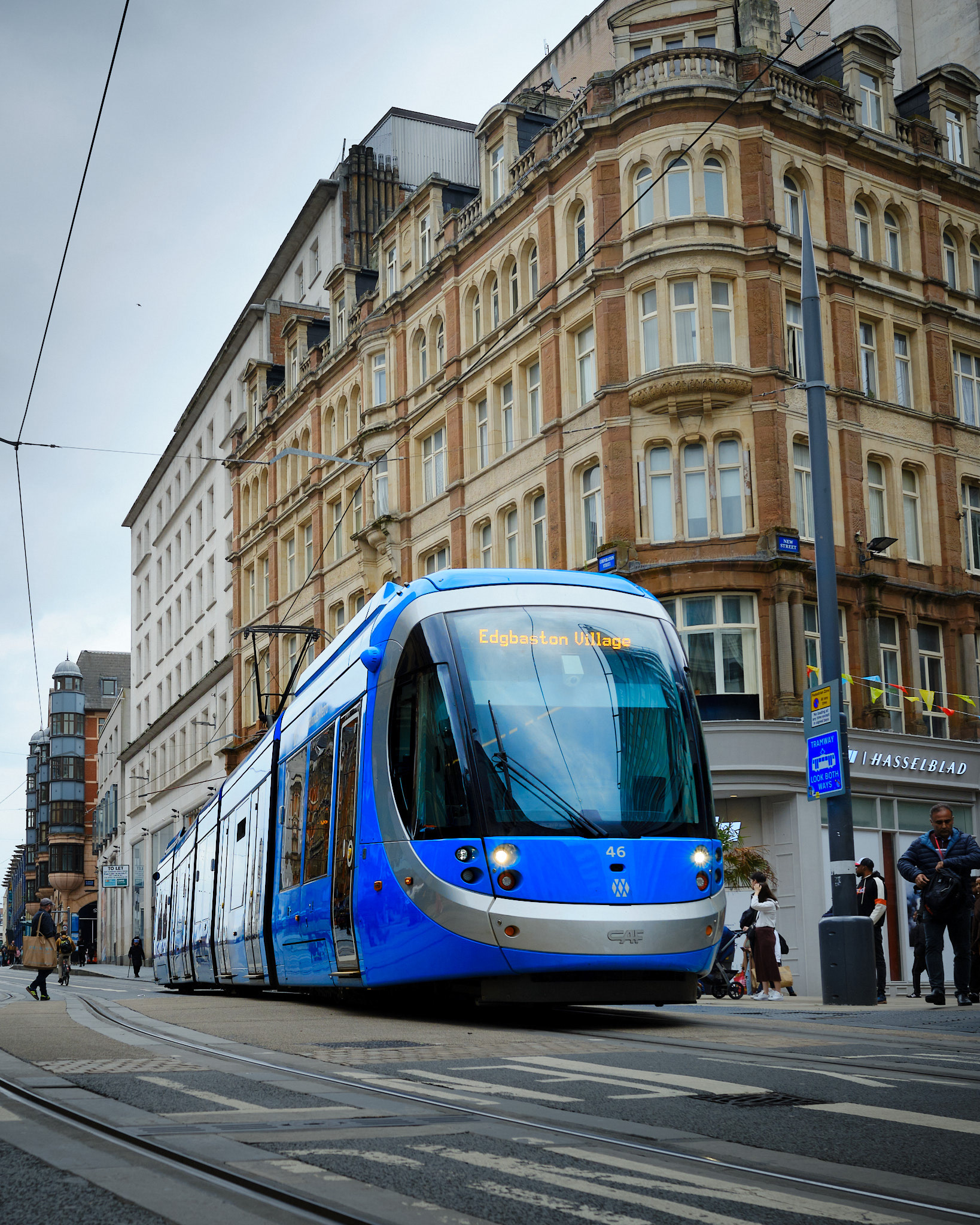 Blue tram in city centre