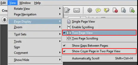 En general las opciones se encuentran en el menú "vista" y son "Vista a dos páginas" y "Mostrar portada en vista a dos páginas". In general the options are in the "view" menu and are "Two-page view" and "Show cover page in two-page view".