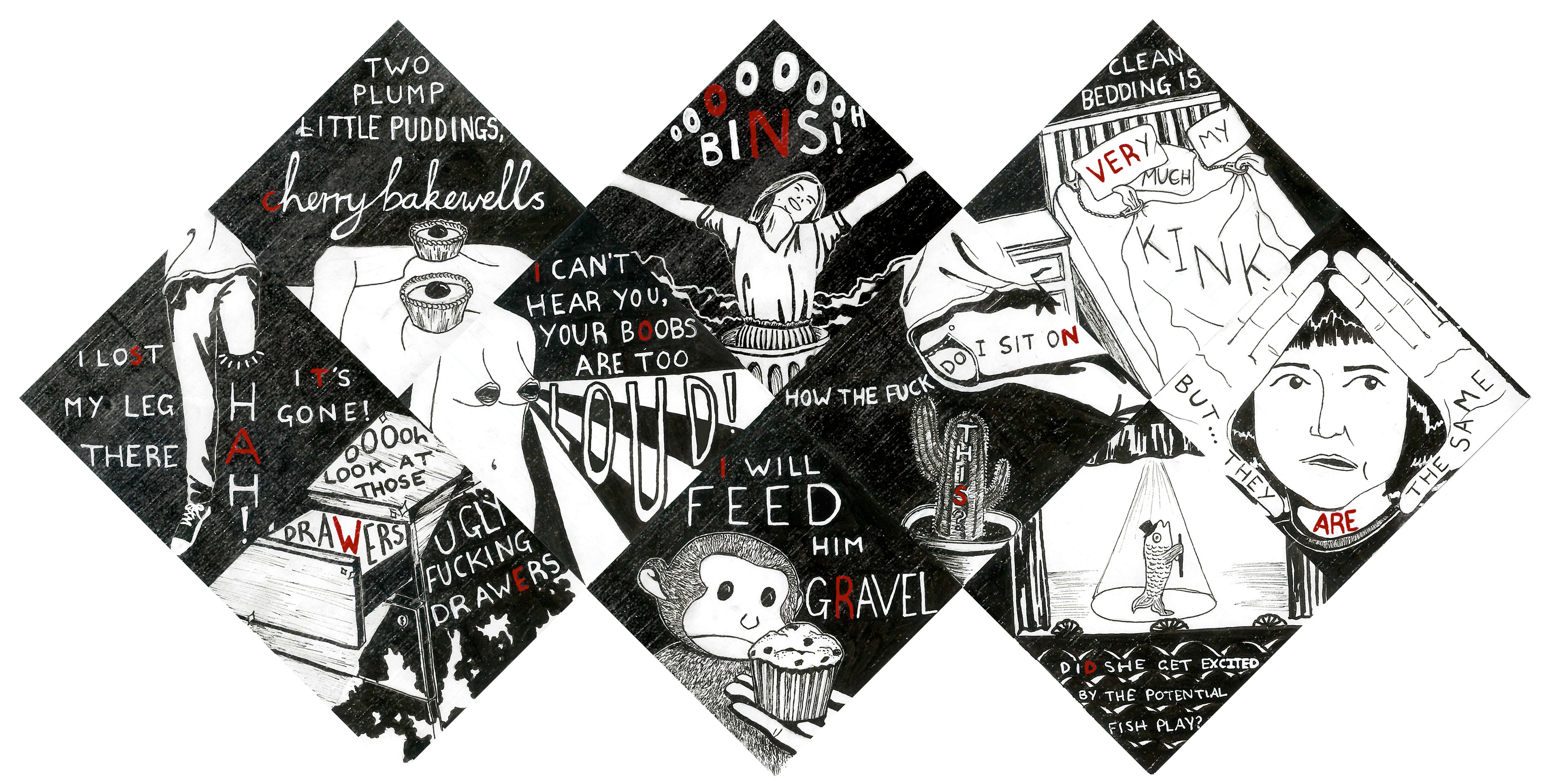 Illustrations from a zine collection focussing on surreal out of context quotes from conversations, with a focus on making the words integral to the illustrations