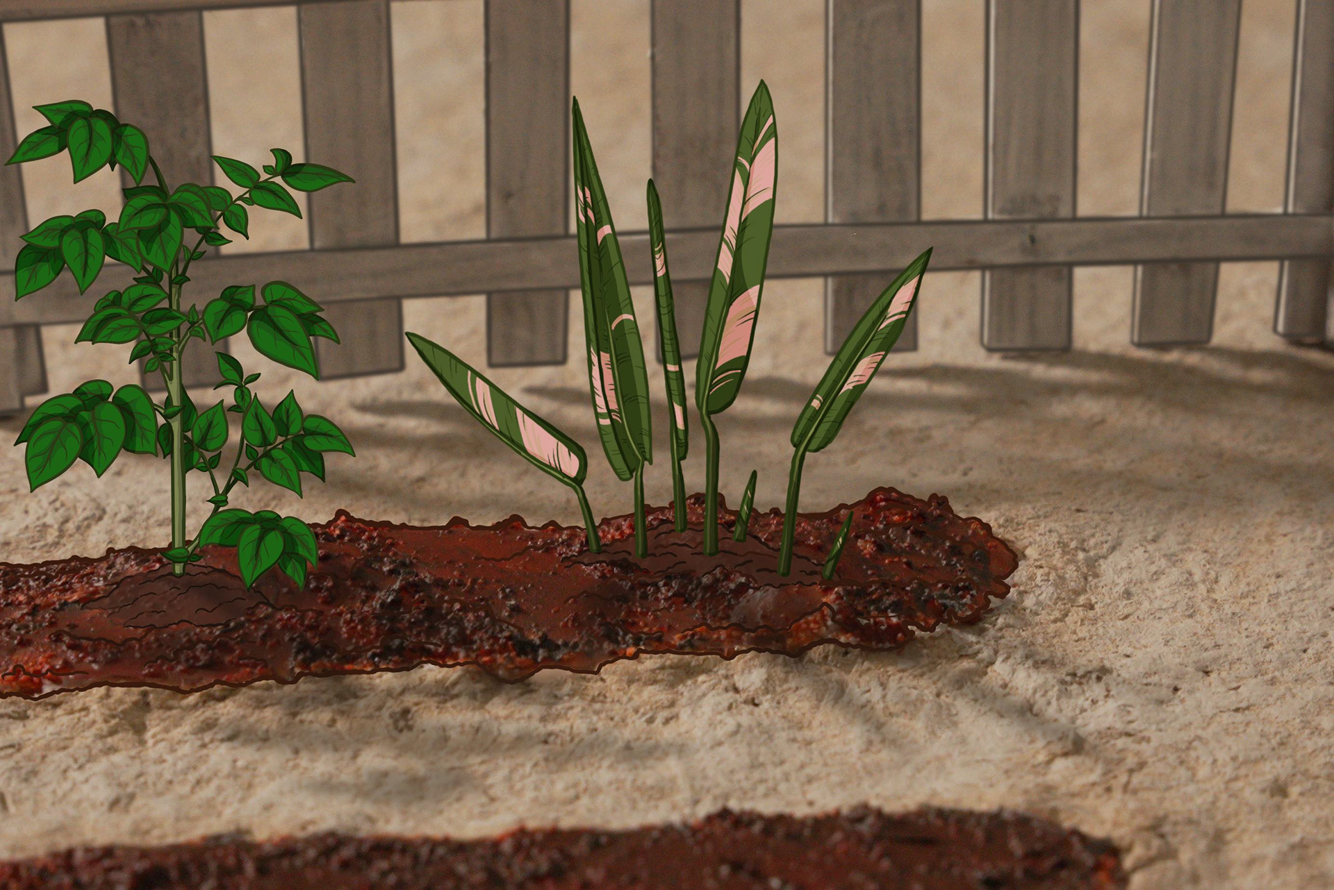 A shot of the garden set with the 2D elements composited in
