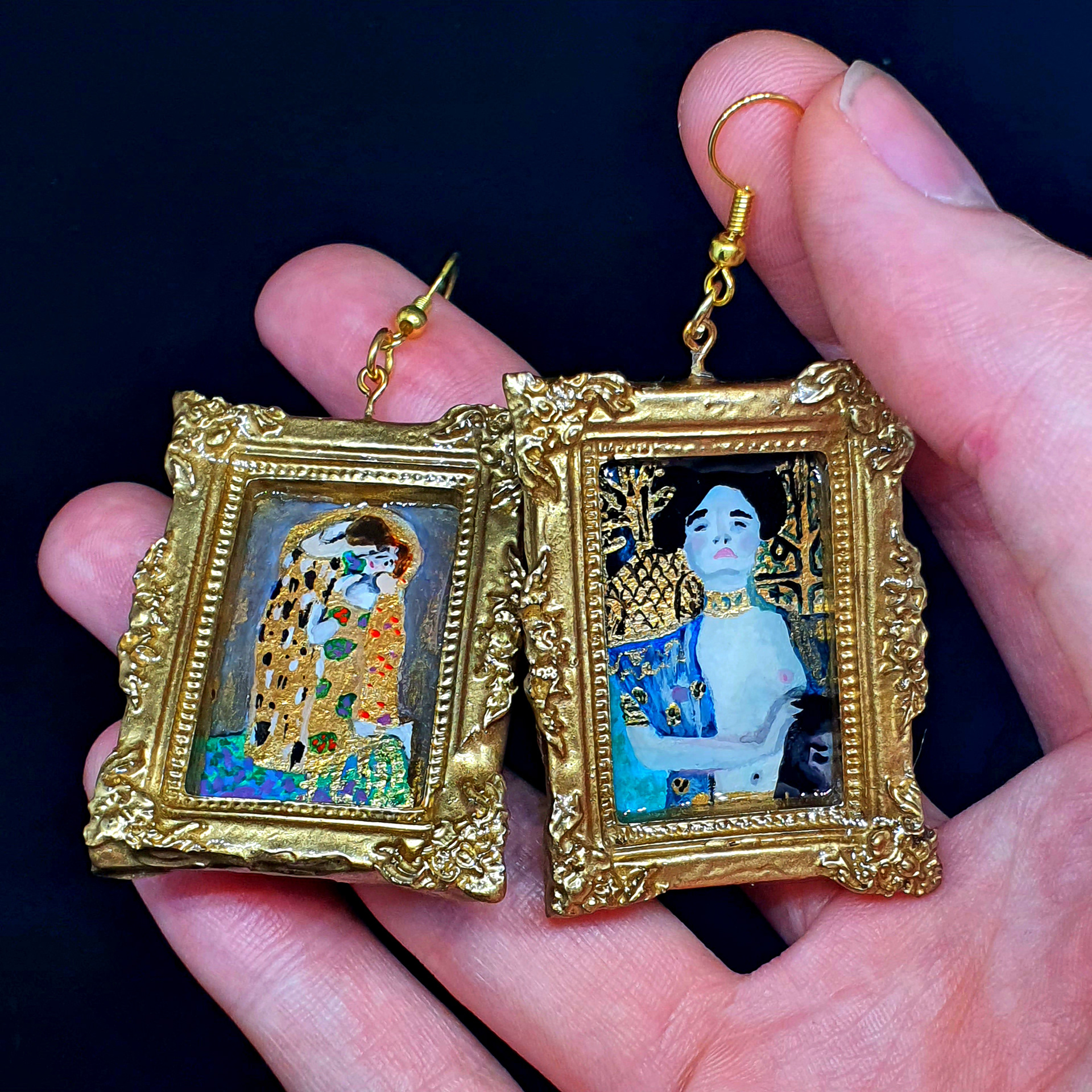 Hand painted 3cm x 1.5cm acrylic paintings in a sculpted and resin cast frame