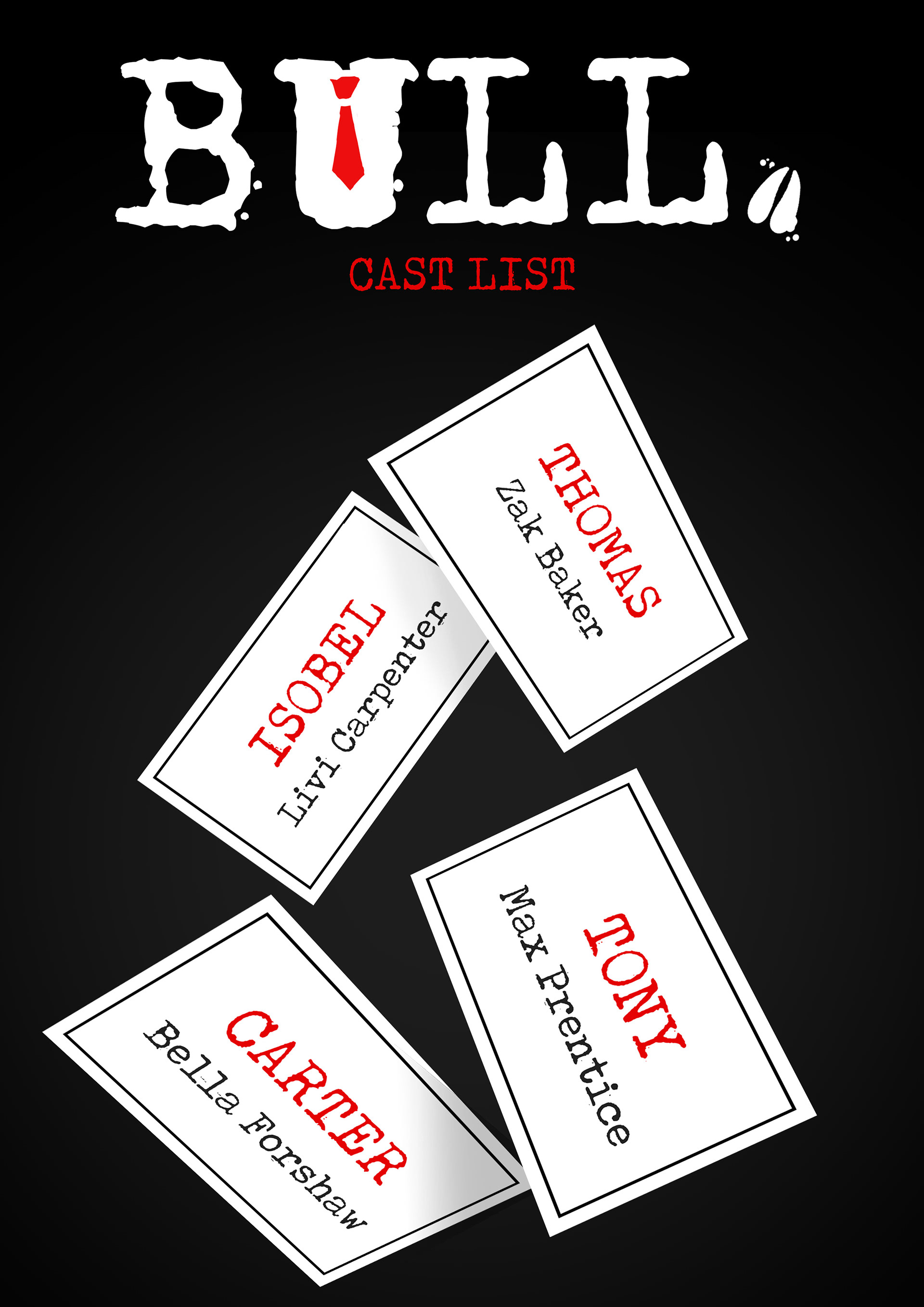 The cast list for Bedlam Theatre's production of 'Bull' (2019)