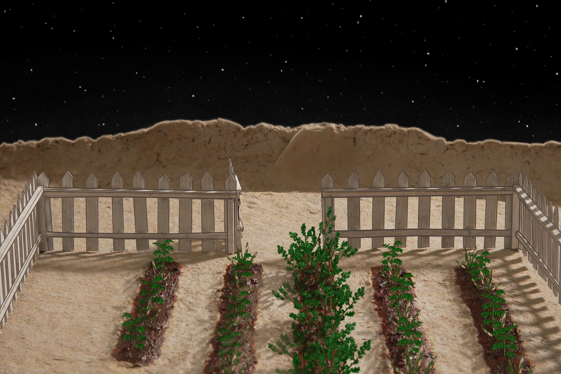 Backgrounds blending photographic textures, and set making, with 2D artwork and painting