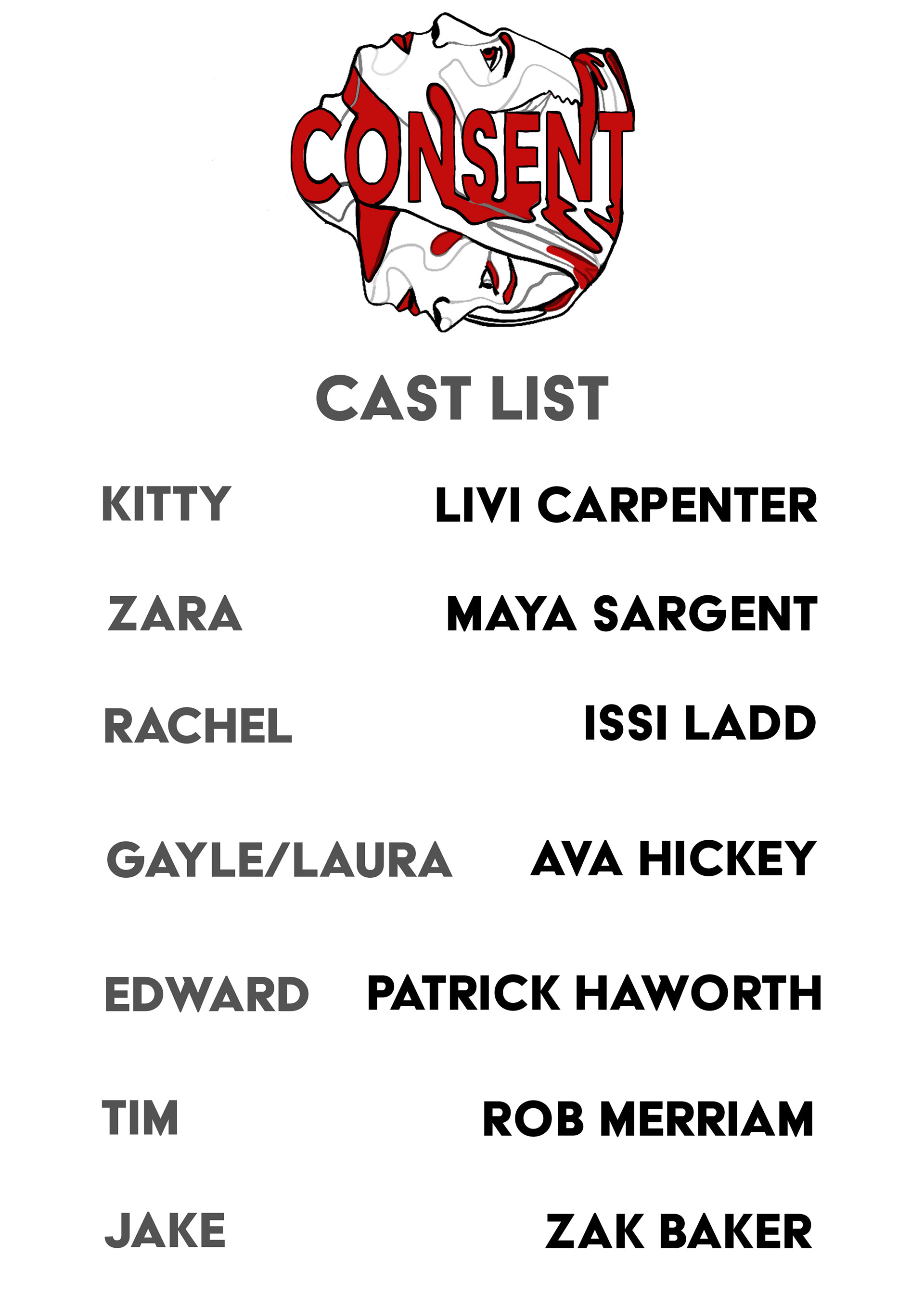 The cast list featuring my logo for Bedlam Theatre's production of 'Consent' (2020)