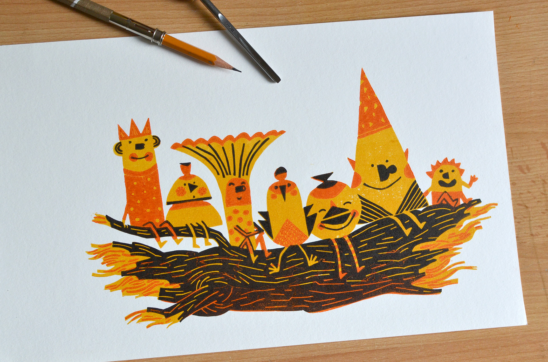 Weird friends sitting on a log Oana Ispir pritmaking