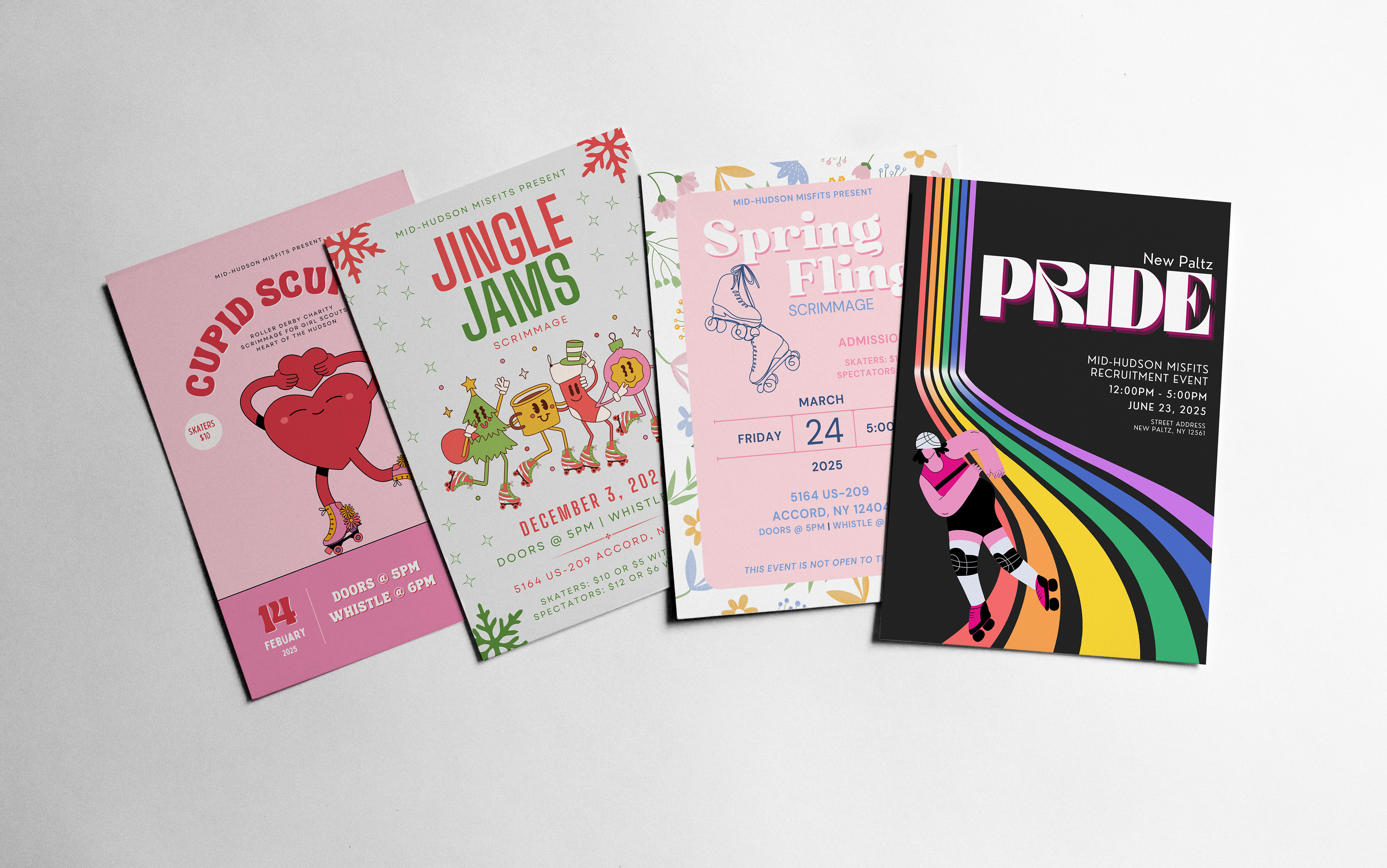 Fliers for themed bouts the team hosts throughout the year. Image by marie_smith on Freepik.