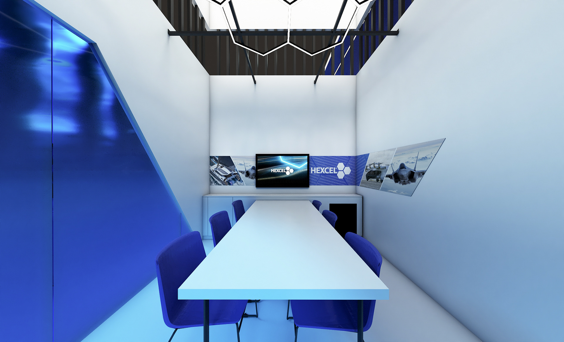 Private conference room with storage and accent lighting.
