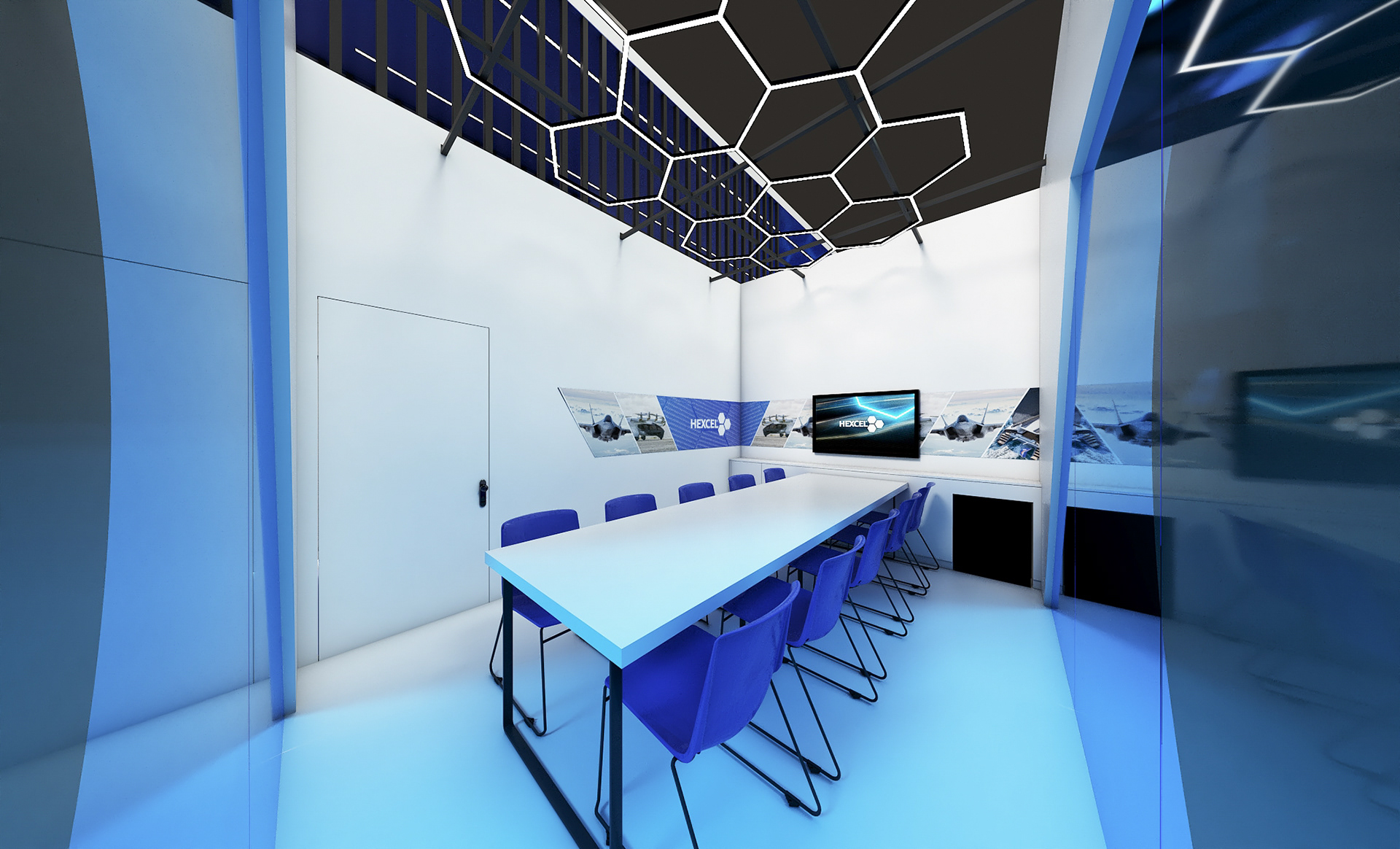 Conference room for large meetings with storage and accent lighting.