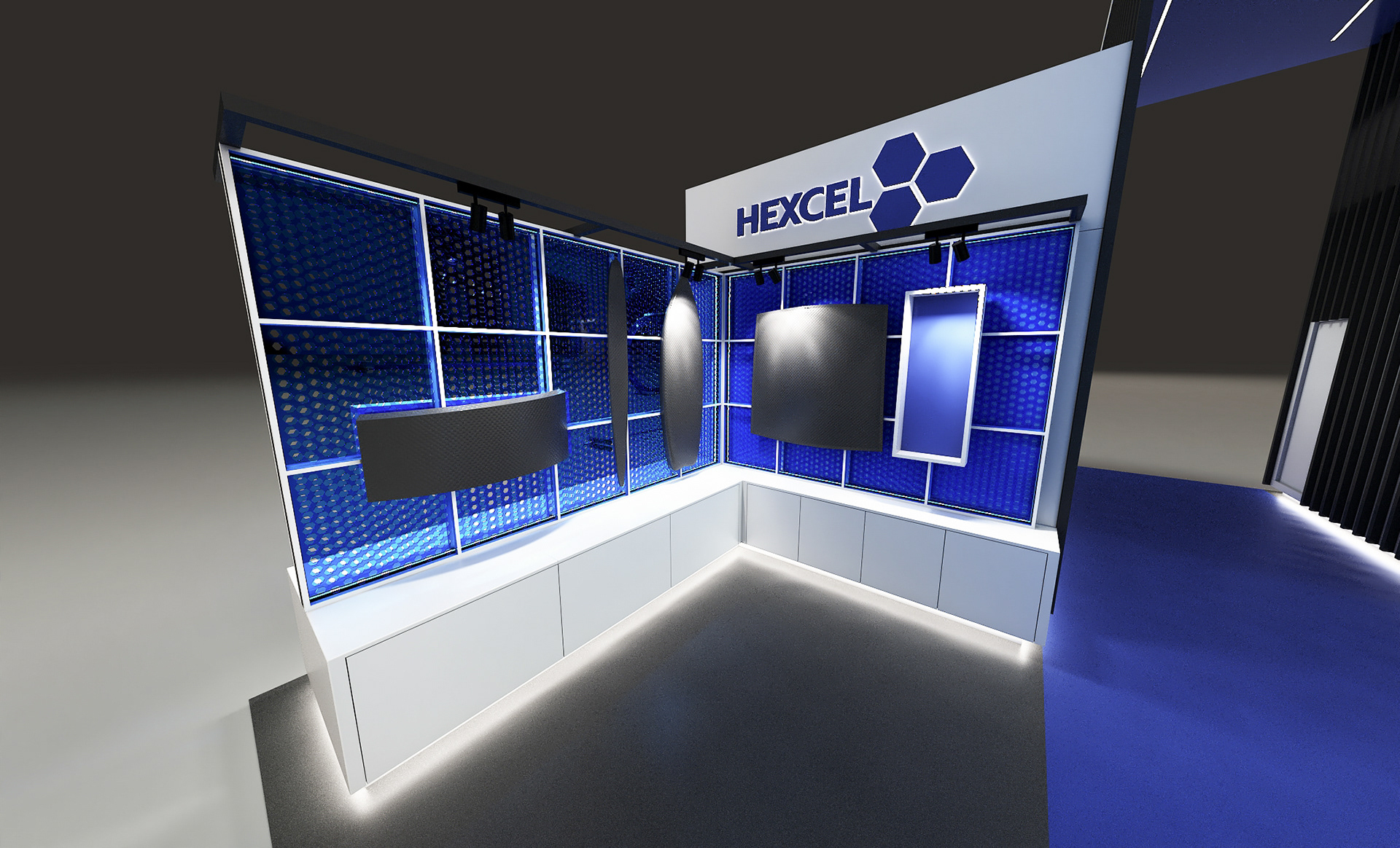 Modular product wall, with storage underneath.