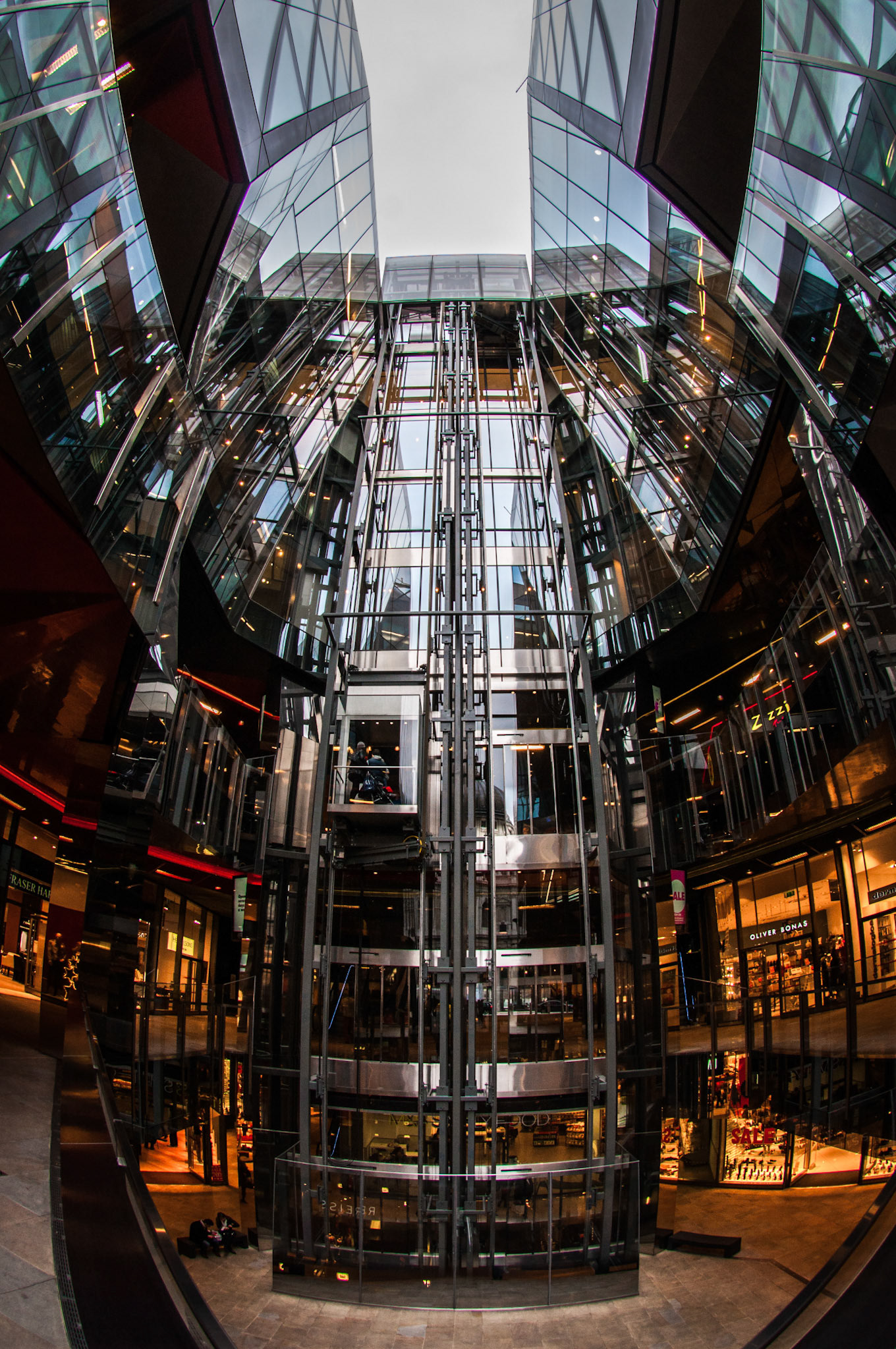 An indoor/outdoor lift in the shopping centre that goes all the way to the sky. A bit like the great glass elevator.