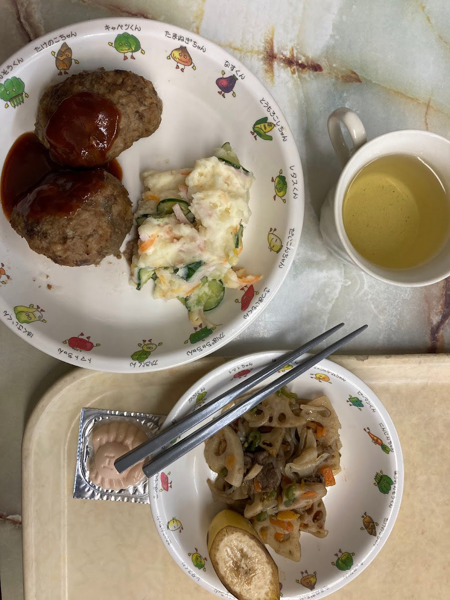 Japanese hamburger, cucumber potato salad, fruits