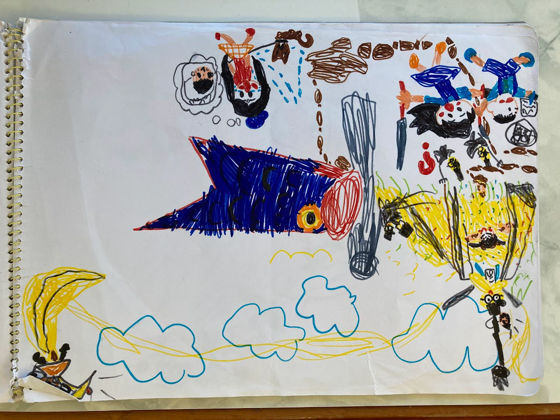 amazing drawing of banana air balloons and lemon enemeies by my student, m-chan