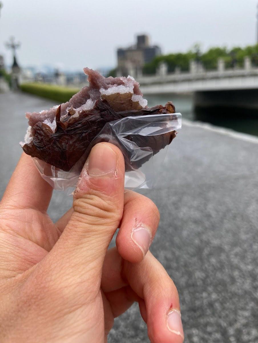 red bean rice cake with shiso leaf, made fresh and of season by the famous Japanese sweets company in Hiroshima.