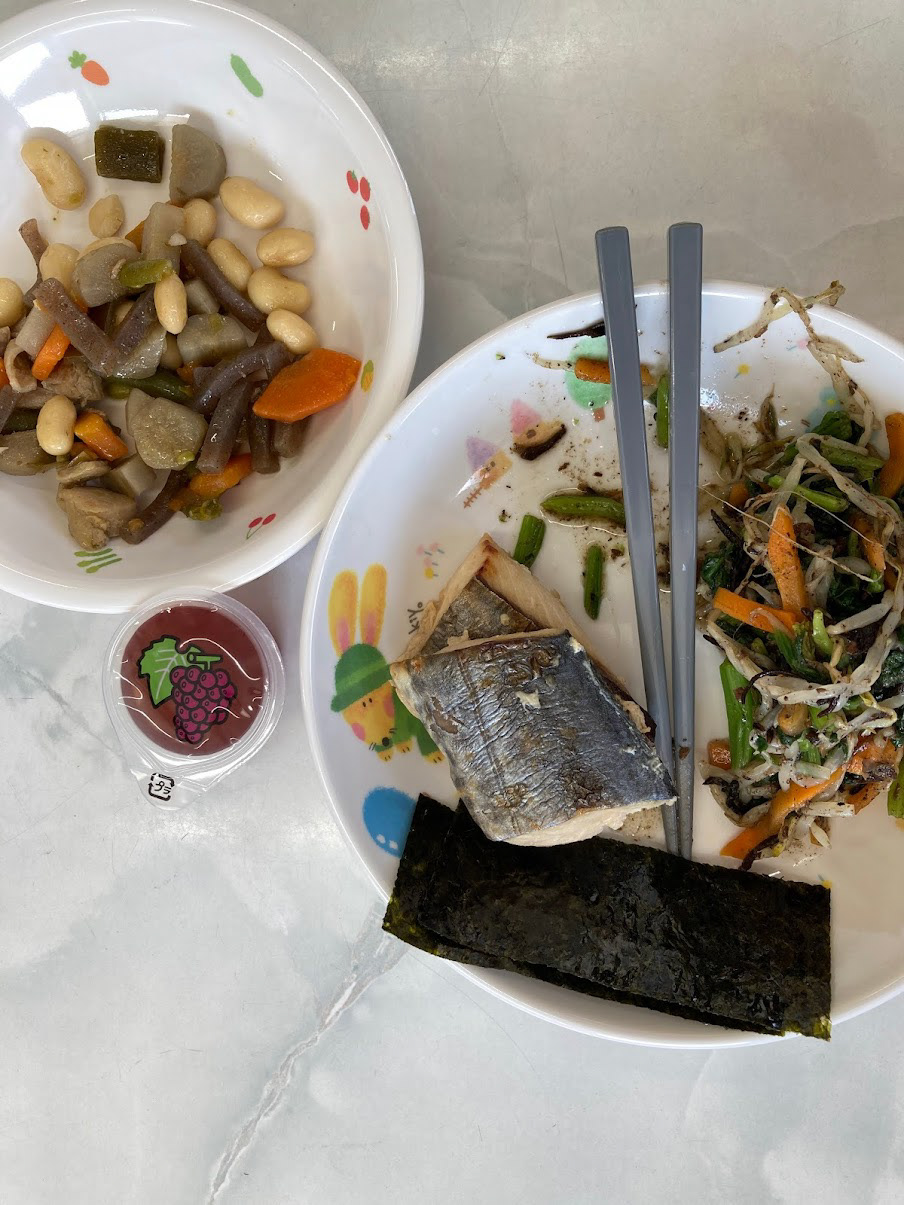 soy bean/cognac/burdock side, grilled fish, green onion carrot bean sprout side