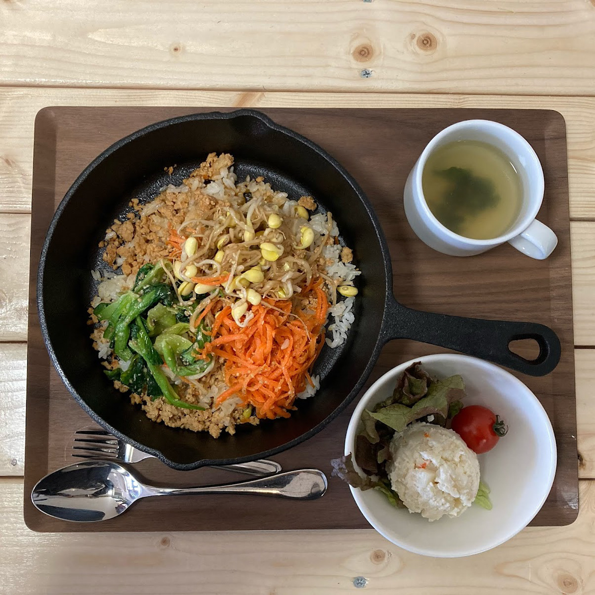 beautiful bibimbap with homemade seaweed soup