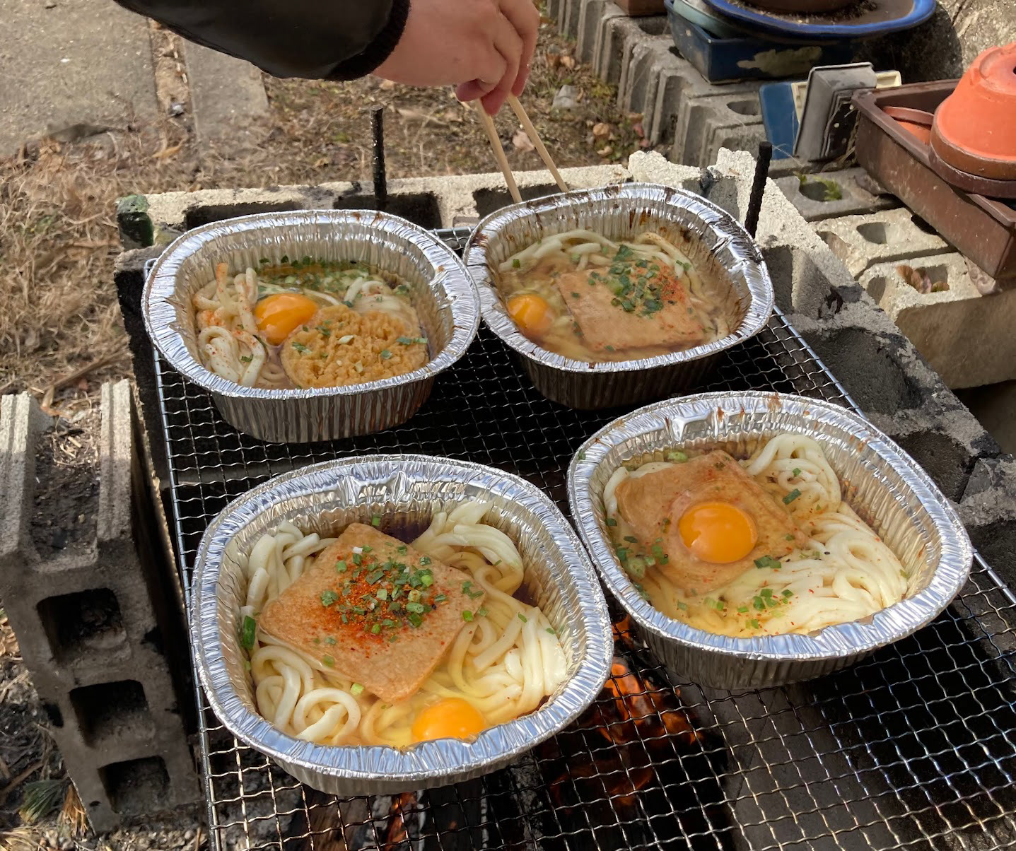 egg udon after wood chopping