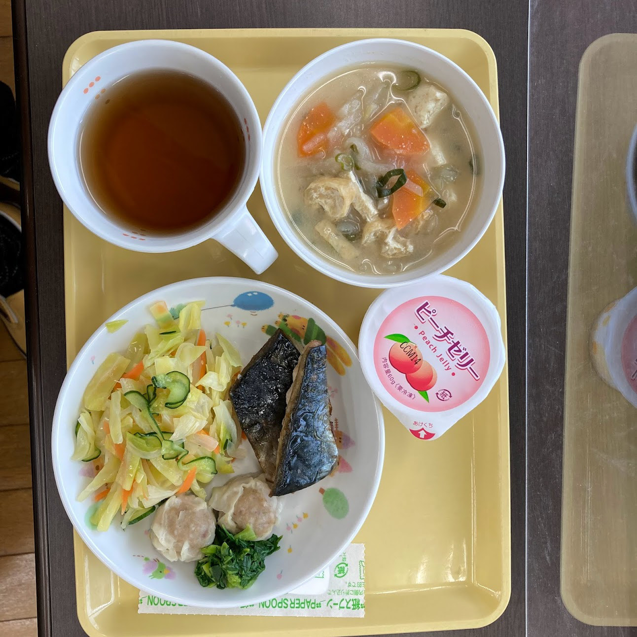 cabbage salad, grilled macjerel, tonjiru soup, peach jelly