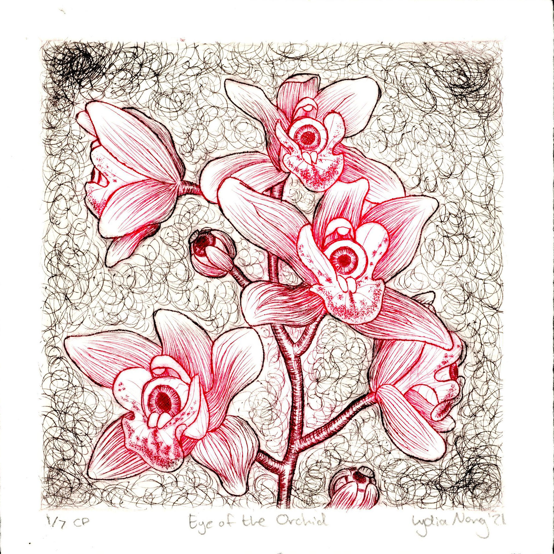 "Eye of the Orchid" Black with Red - Intaglio
