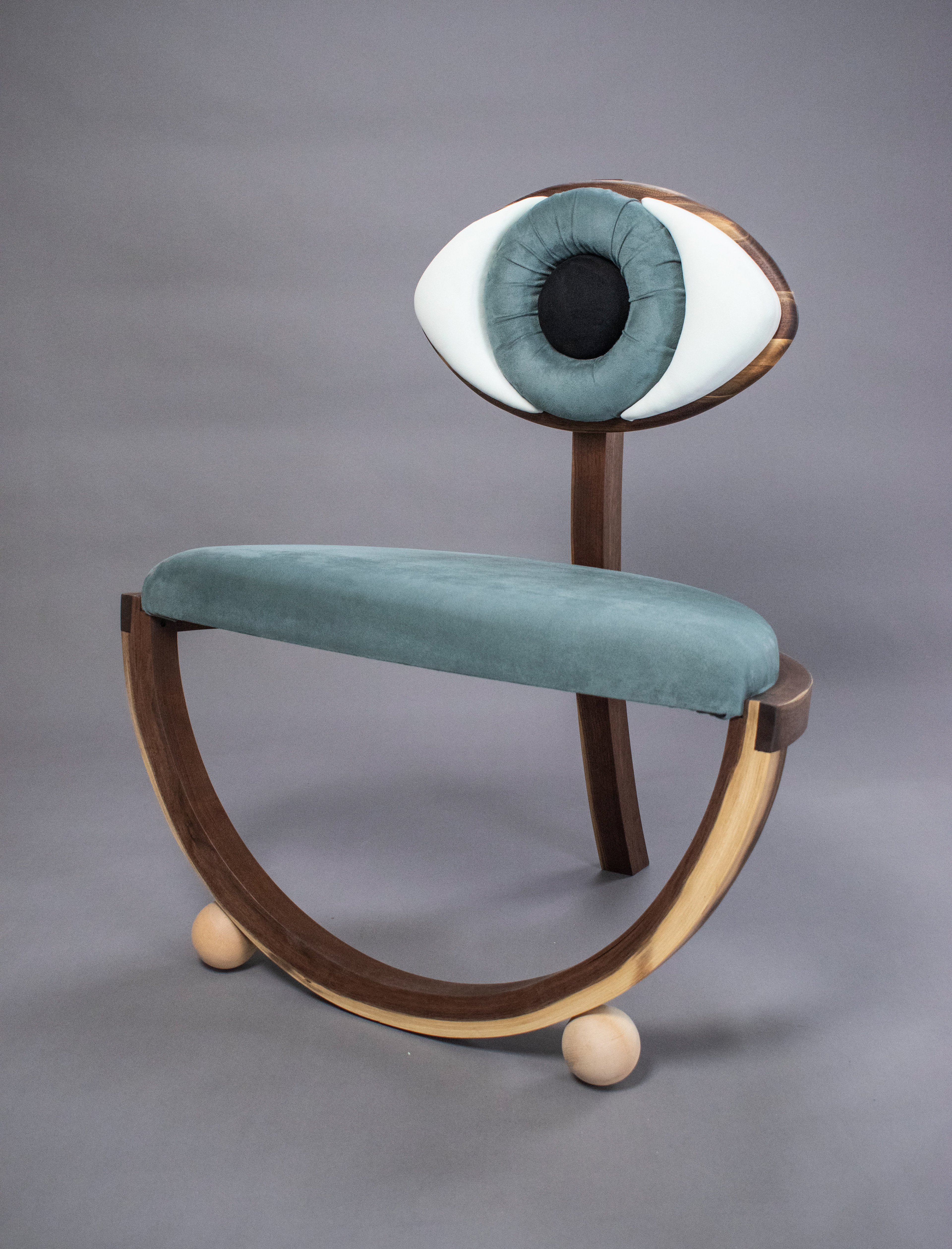 "Eye Chair" - walnut, maple, faux suede