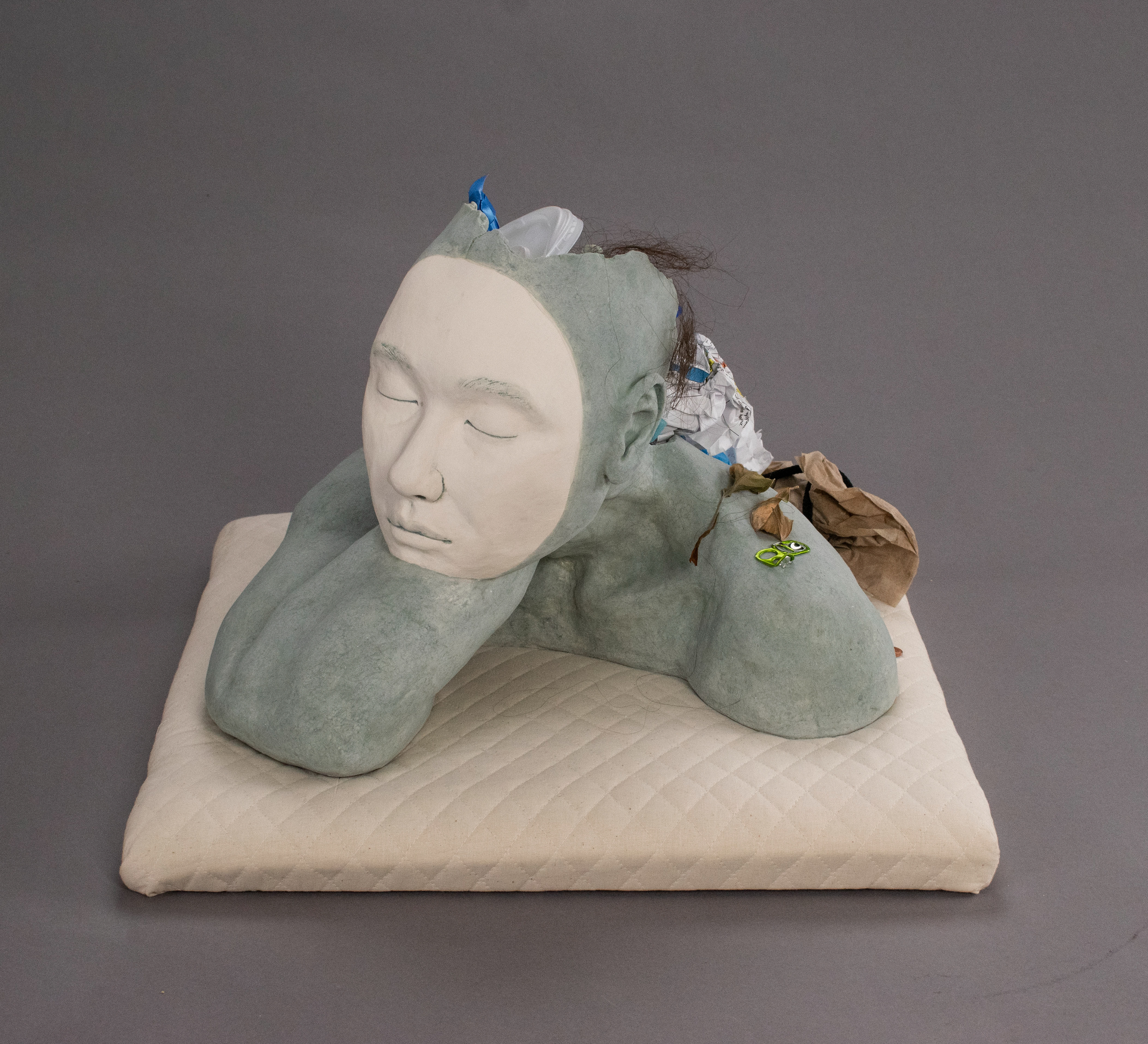 "Searching Through the Chaos" (Front) - stoneware, underglaze, cushion, garbage