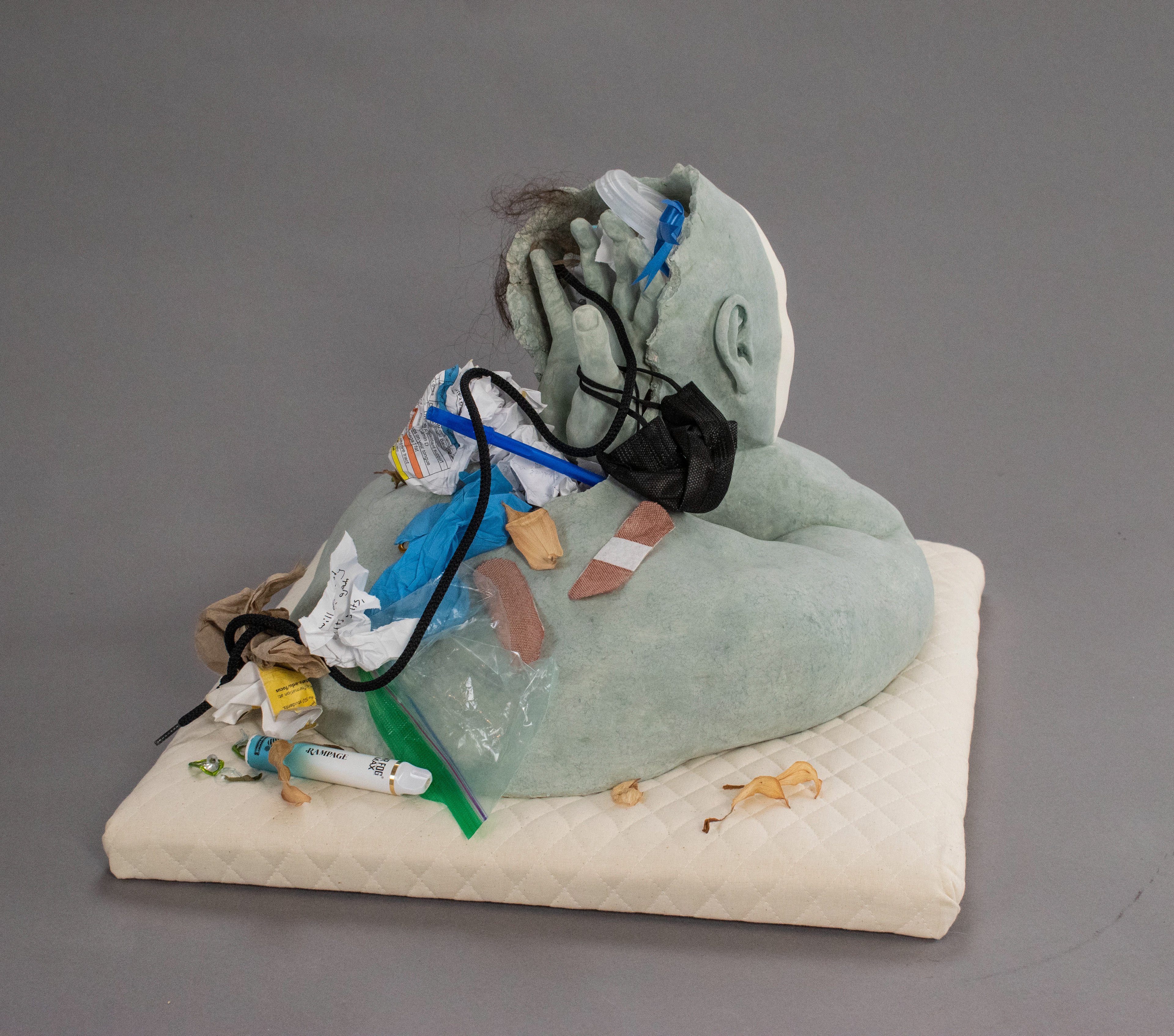 "Searching Through the Chaos" (Back) - stoneware, underglaze, cushion, garbage