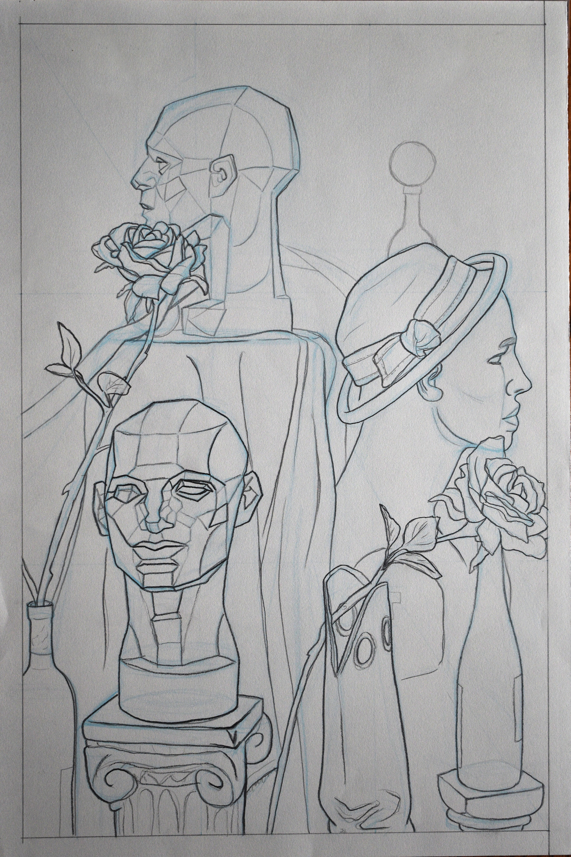 Heads and Roses Still Life - Graphite