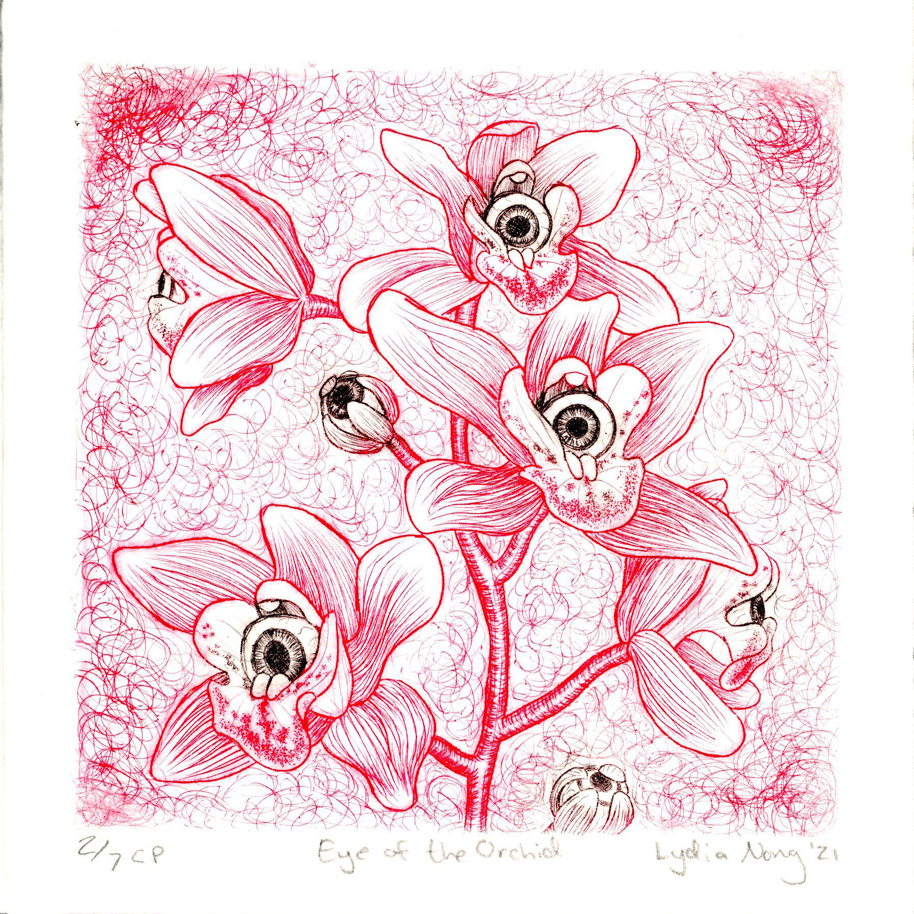 "Eye of the Orchid" Red with Black - Intaglio