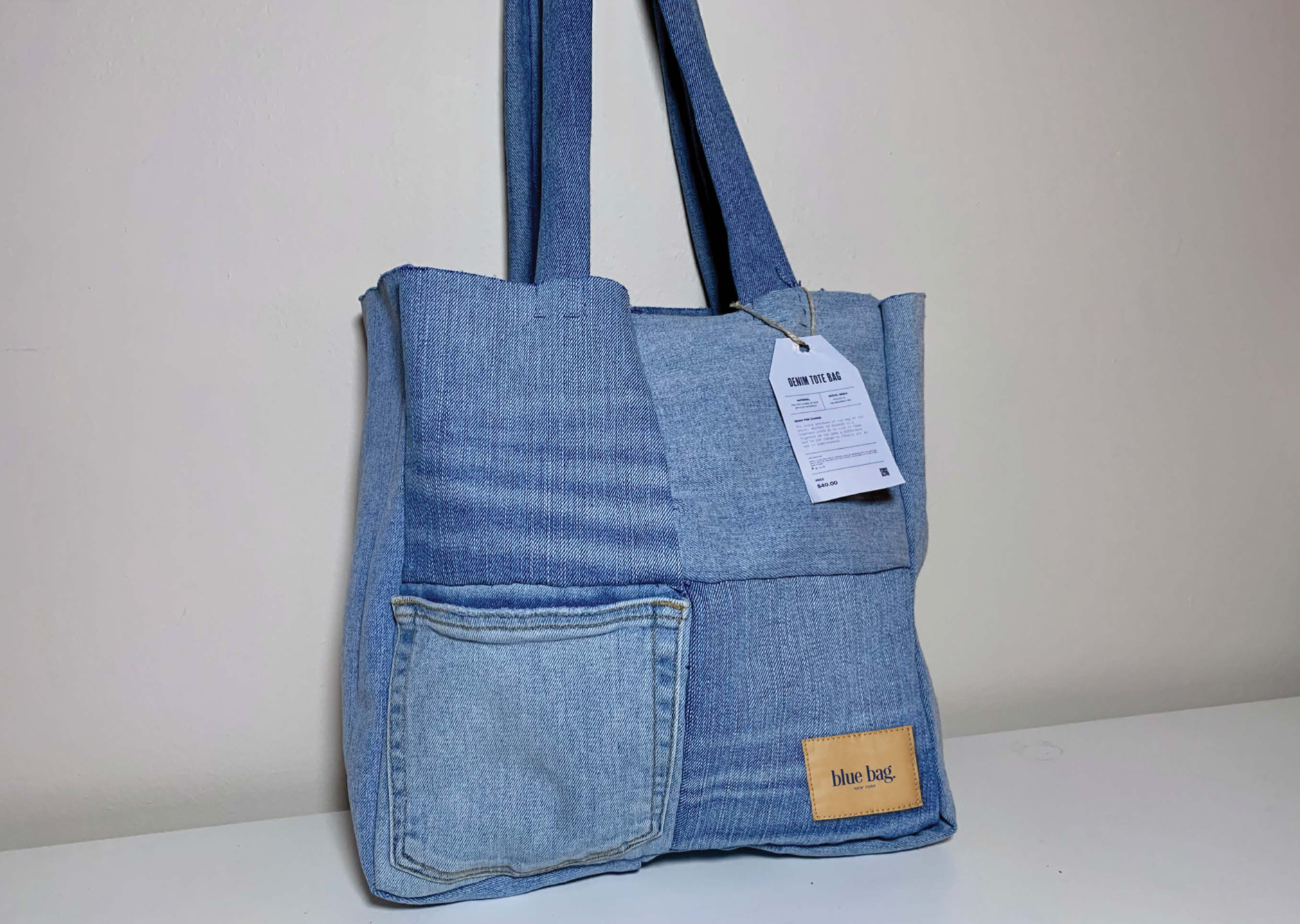Front of hand-stitched bag