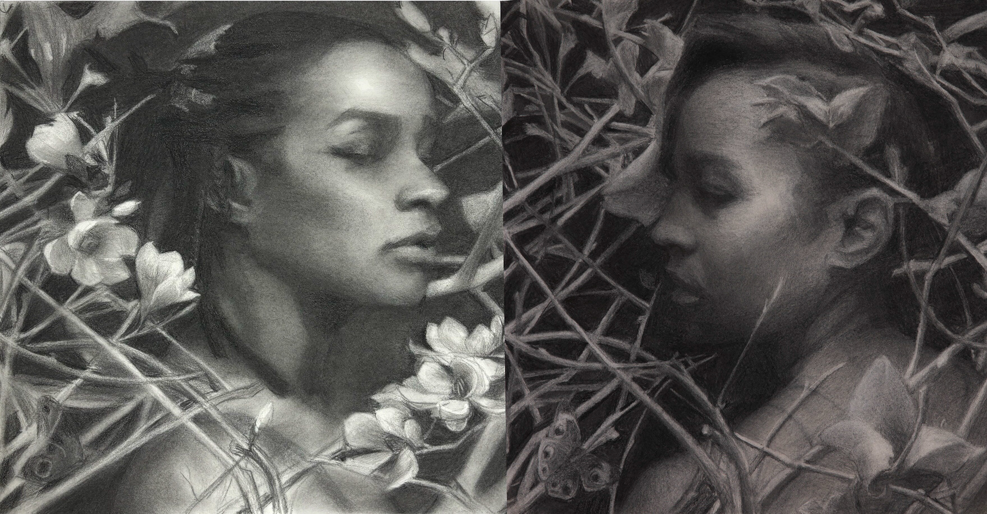 Diptych, 2024, charcoal on paper, 16"x16"