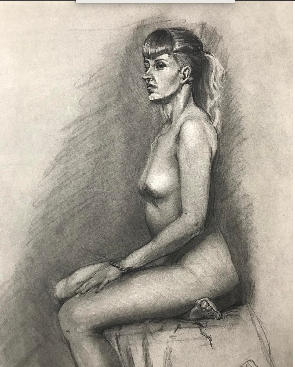 Posing, 2017, charcoal on toned paper, 18x24 in