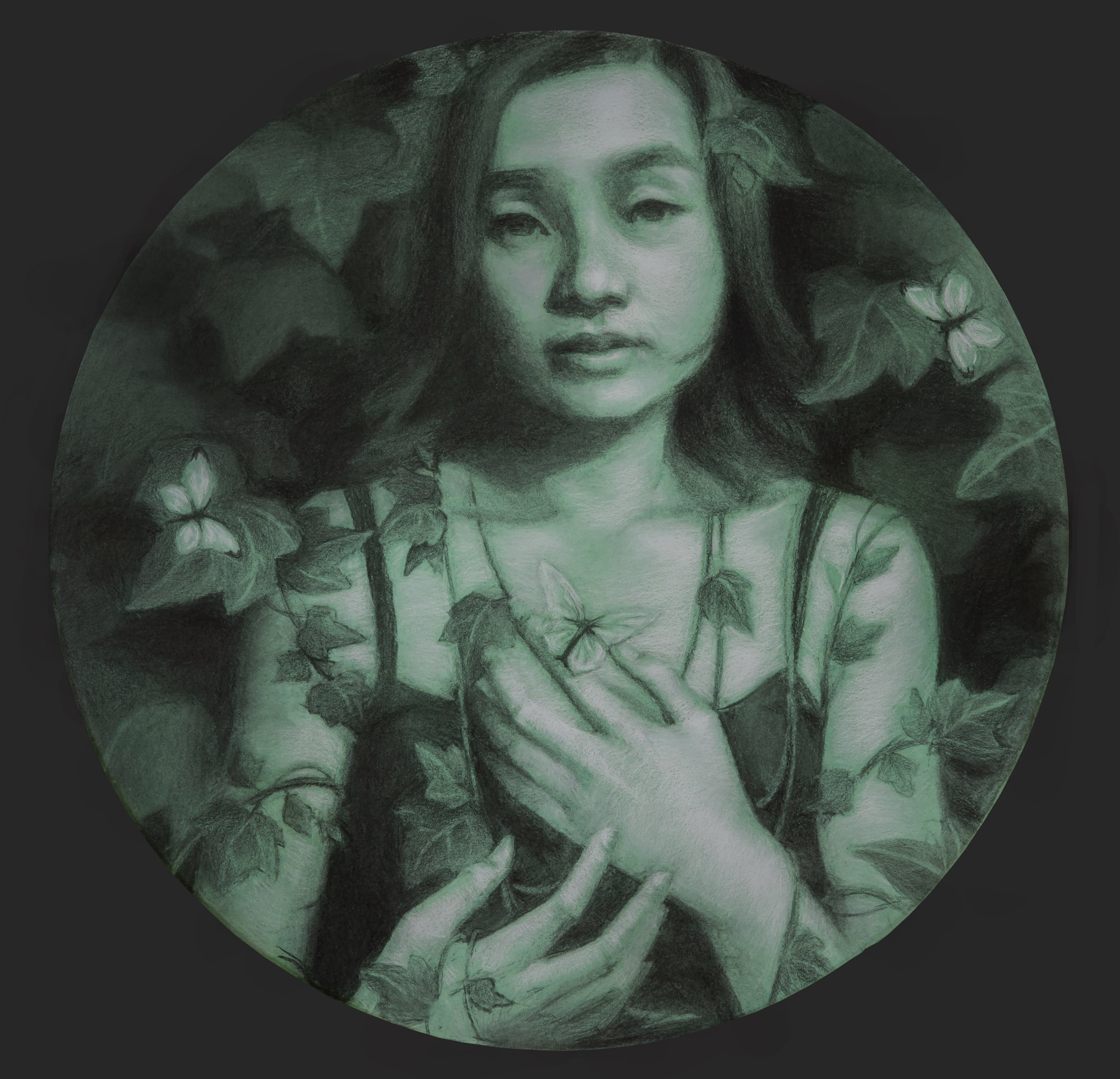 Ivy, 2024, Charcoal and White chalk on toned paper,20"x20"