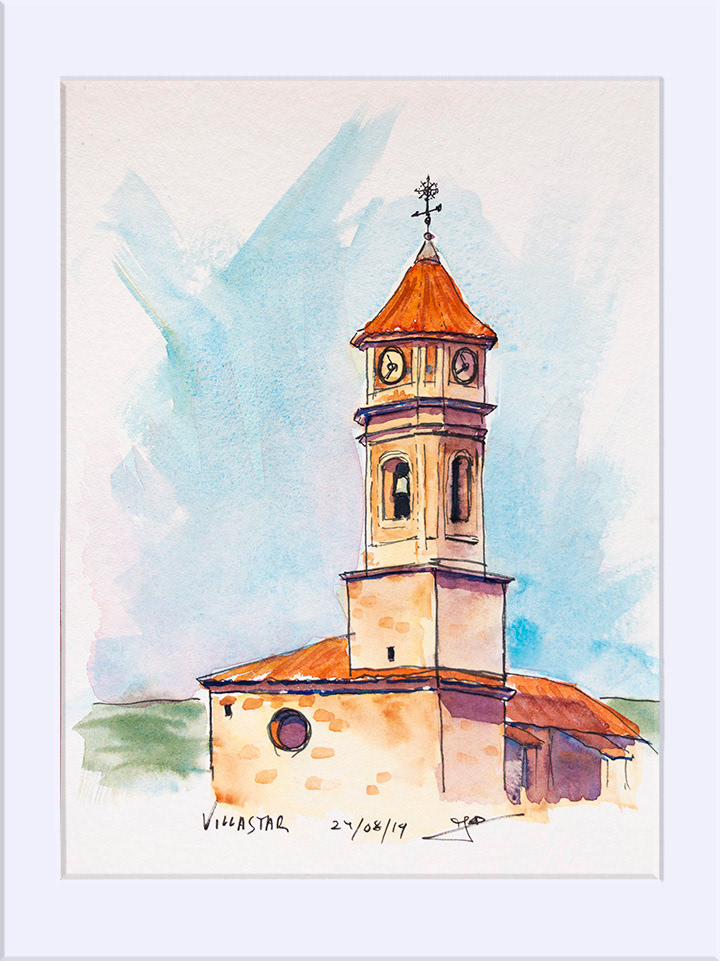 Pintando Villastar, torre - Tinta y Acuarela, 32x24 cm