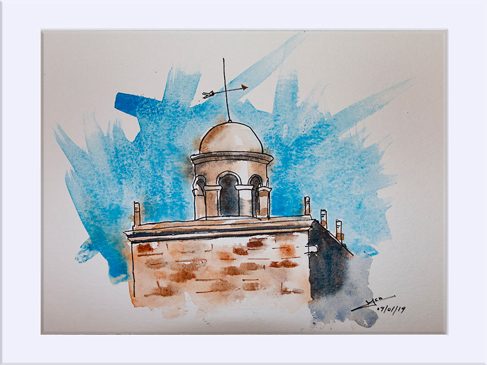 "Jabaloyas. Remate torre iglesia" - Tinta y Acuarela, 24x32 cm